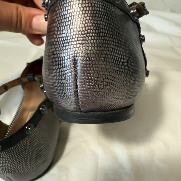 HALOGEN Olson Flats Women's 7 Studded T-Strap Black GREY Leather Edgy Workwear - Picture 9 of 15